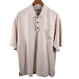 Tommy Bahama Men's Size Large Beige Silk Hawaiian Summer Beach Camp Polo Shirt